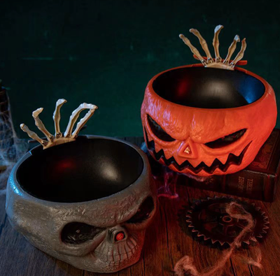 Eerie Skull Candy Bowl with Animated Hand