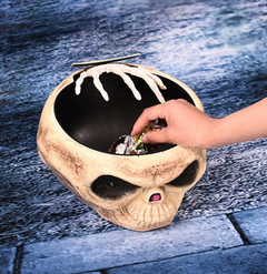 Eerie Skull Candy Bowl with Animated Hand
