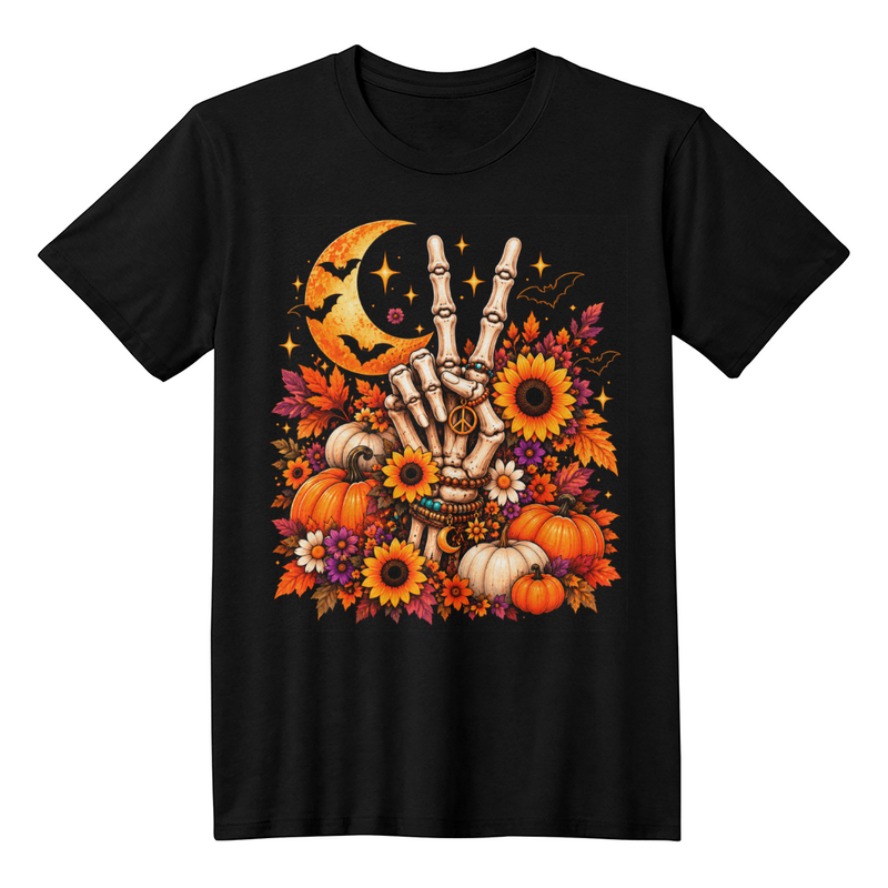 Skeleton Peace Sign Halloween Graphic T-Shirt